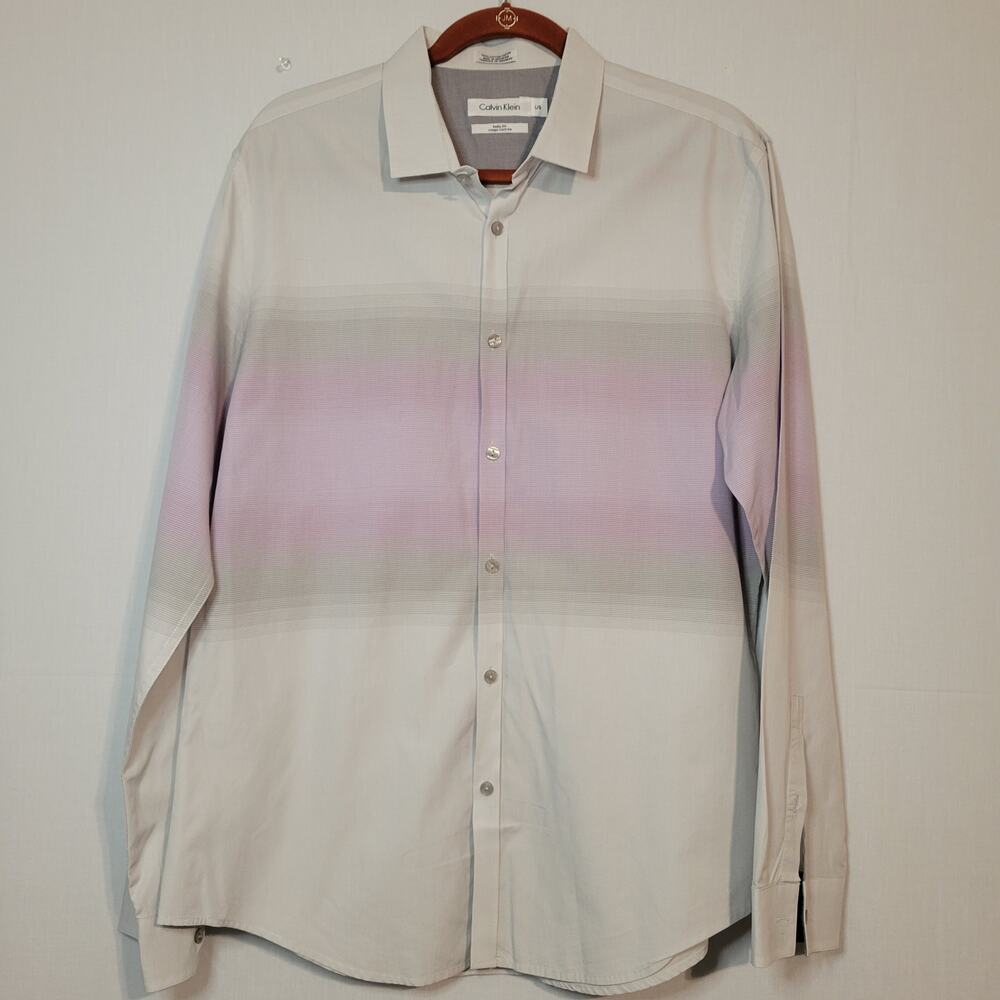 Calvin Klein Body Fit Ombre Long Sleeve Button-Down Shirt size L Gray Lavender